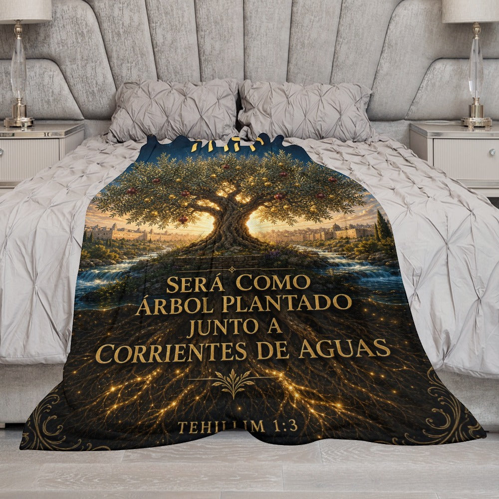 Manta Árbol Plantado Junto a Corrientes de Aguas – Tehillim 1:3 – 60×80 pulgadas (152×203 cm)