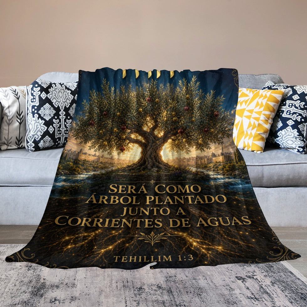 Manta Árbol Plantado Junto a Corrientes de Aguas – Tehillim 1:3 – 60×80 pulgadas (152×203 cm)